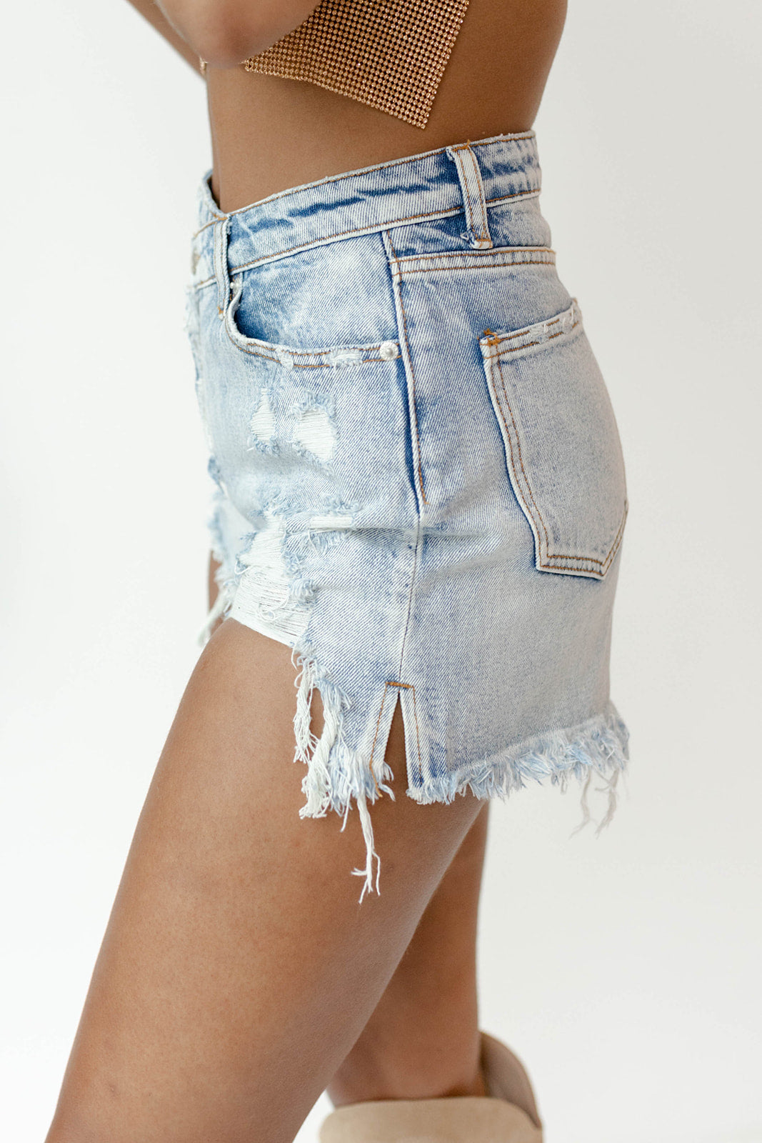 criss cross denim shorts