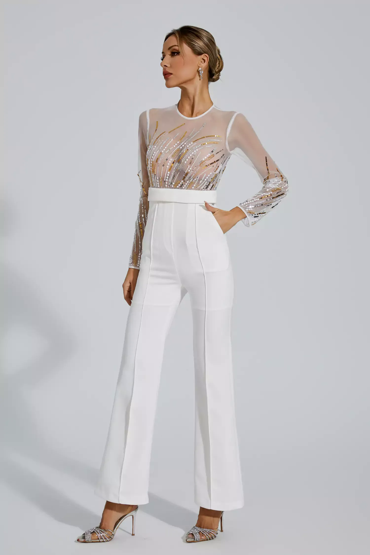 Jaycee White Sequin Mesh Jumpsuit Jaycee White Sequin Mesh Jumpsuit