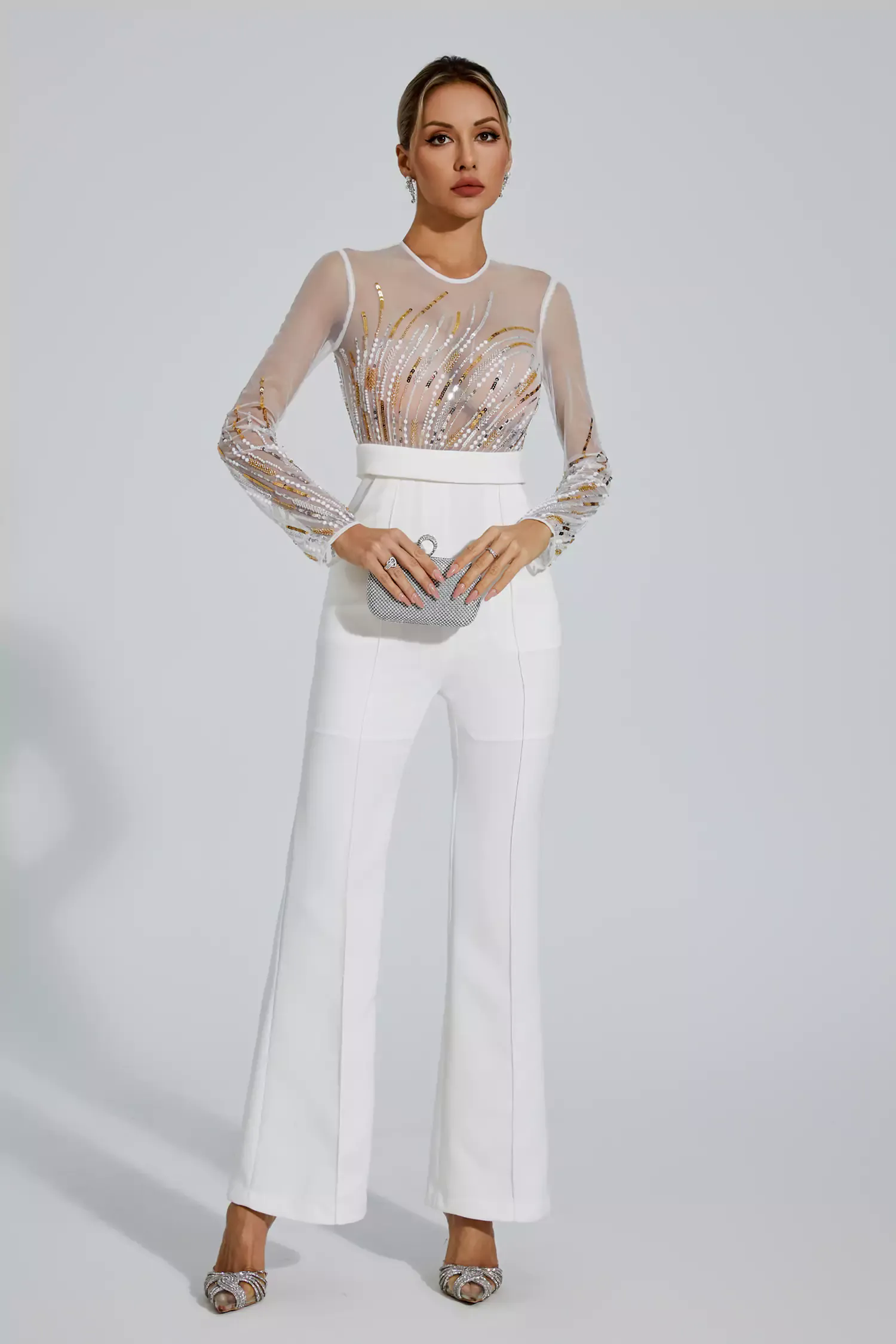 Jaycee White Sequin Mesh Jumpsuit Jaycee White Sequin Mesh Jumpsuit