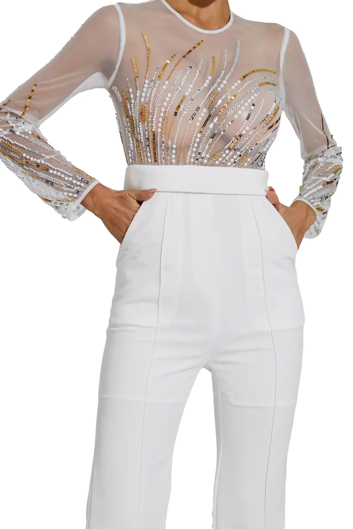 Jaycee White Sequin Mesh Jumpsuit Jaycee White Sequin Mesh Jumpsuit