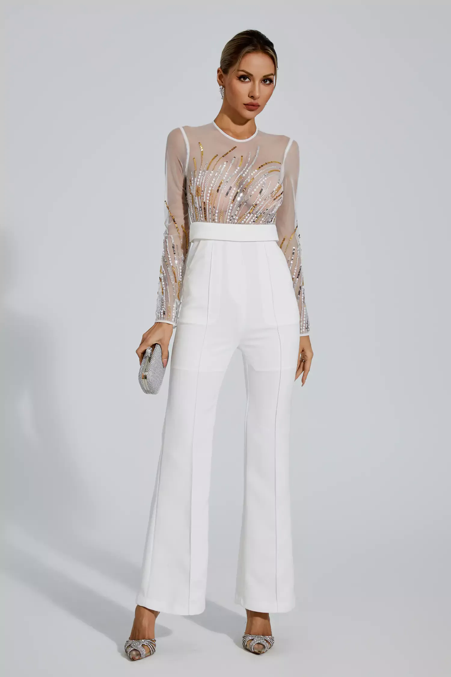 Jaycee White Sequin Mesh Jumpsuit Jaycee White Sequin Mesh Jumpsuit