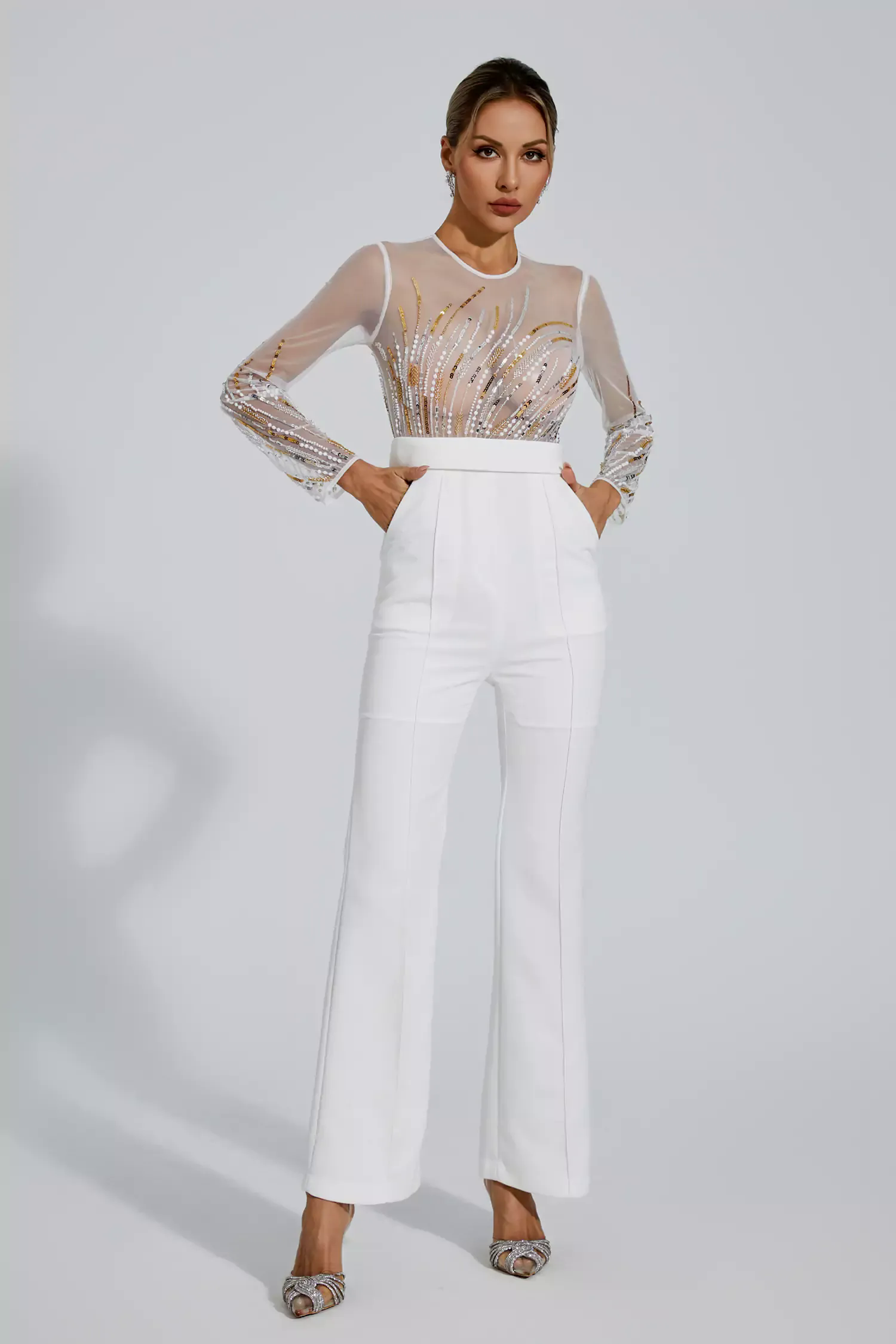 Jaycee White Sequin Mesh Jumpsuit Jaycee White Sequin Mesh Jumpsuit
